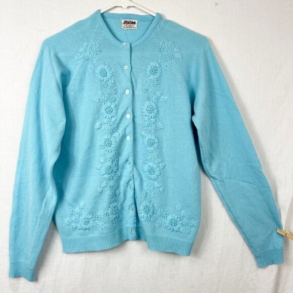 Vintage 60s Embroidered Button Up Cardigan Womens M Grandma Twee Academia Blue - Picture 1 of 7